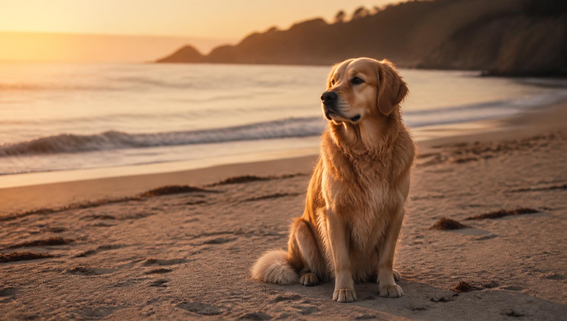 Perro tranquilo y bien educado sentado en la arena al atardecer